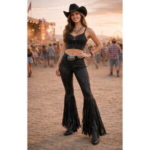 NWT Scully Honey Creek Black Fringe Pants Small Snakeskin Print Flare- Small